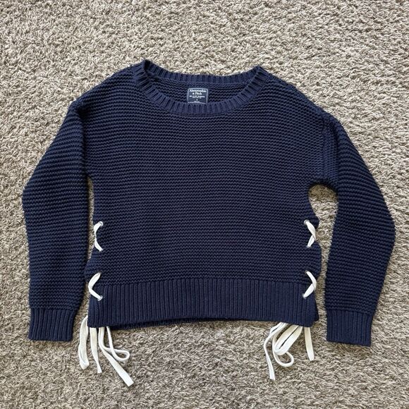 Abercrombie & Fitch Sweaters - Vintage Abercrombie & Fitch Navy Blue Waffle Weave Tie Sweater Women's Size S